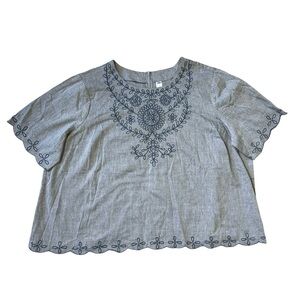 Old Navy Chambray Scallop Hem Embroidery Loose Fit Top Short Sleeves Blue XXL